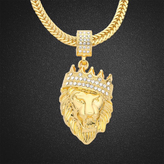 Crowned Lion Diamond Inlaid Animal Pendant Necklace