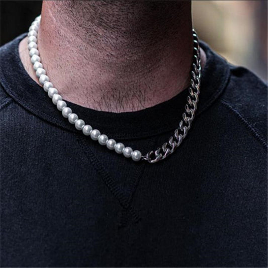 Pearl and Steel Figaro Chain Necklace