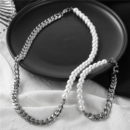 Pearl and Steel Figaro Chain Necklace